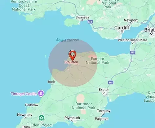 Pin on Braunton on map of south west, showing where Roots Landscapes and Trees is located