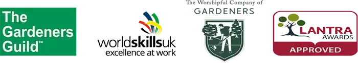 World skills uk logo - award winning landscaping gold medel, Worshipful society of gardeners prize logo, Lantra award qualification for Landscaping